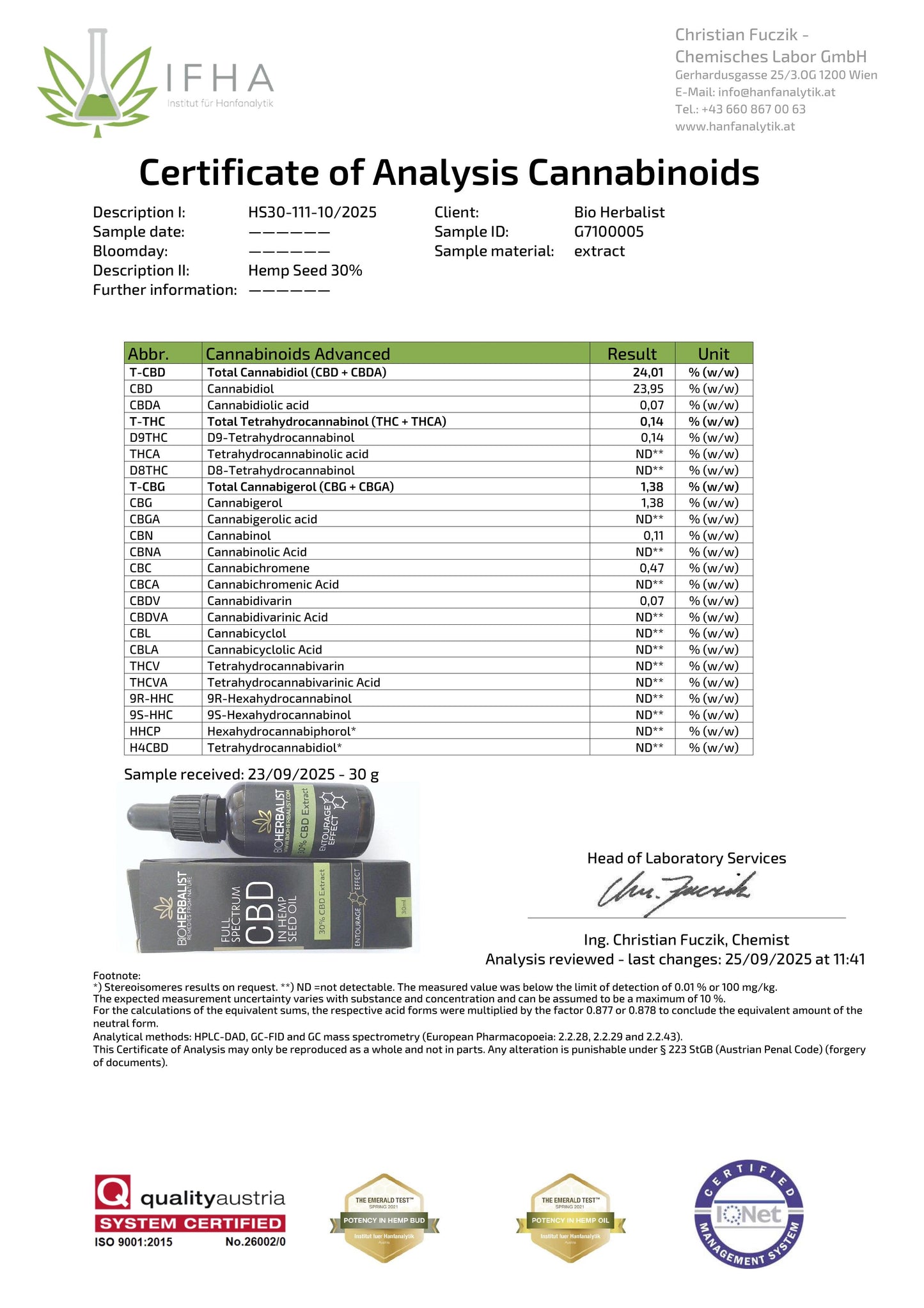 30% CBD Full Spectrum Extract in Hemp Seed Oil