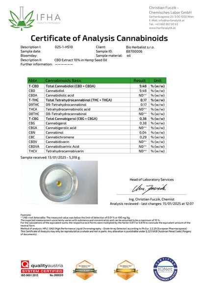10% Full Spectrum CBD Extract  in Hemp Seed Oil 30 ml